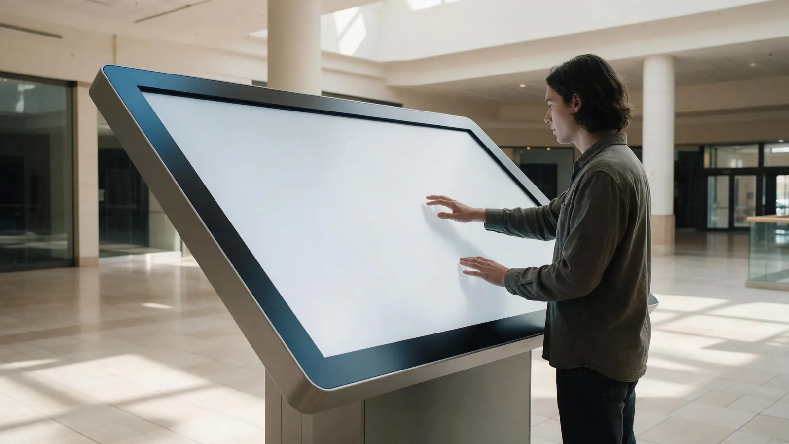 A person touching a large interactive wayfinding display in an empty modern shopping mall lobby