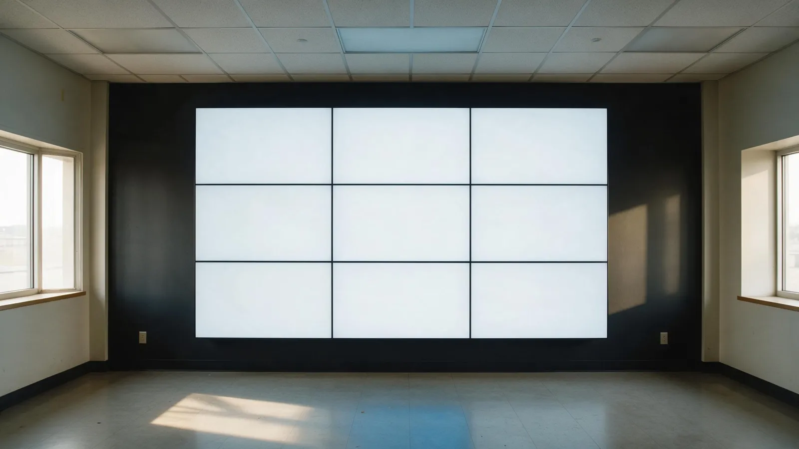 A three by three lcd video wall of thin bezel panels on a dark wall in an empty control room